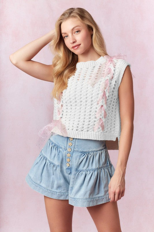 Organza Satin Trim Detail Sweater Vest Off White