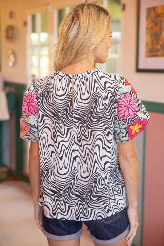 Floral Embroidered Puff Sleeve Top Black