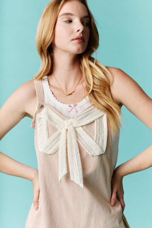 Lace Ribbon Detailed Solid Twill Overalls Mauve