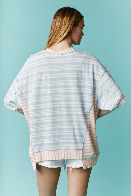 Round Neck Stripe Color Block Top Blue/Pink