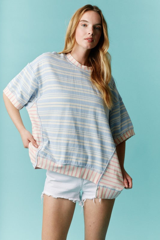 Round Neck Stripe Color Block Top Blue/Pink