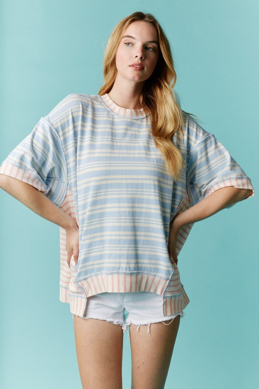 Round Neck Stripe Color Block Top Blue/Pink