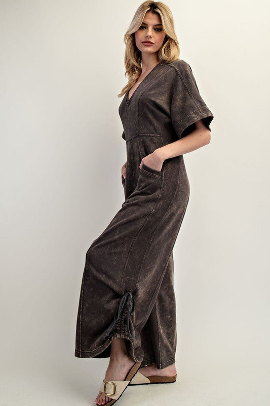 Mineral Washed V-Neck Jumpsuit Ash Black