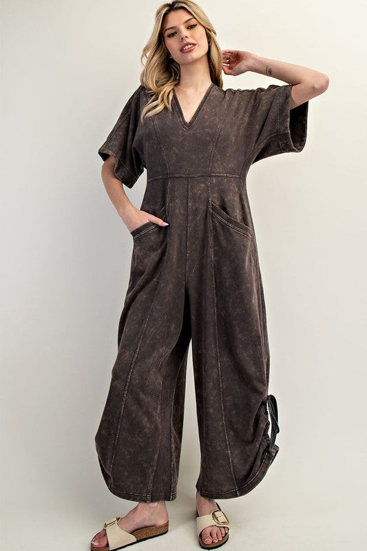 Mineral Washed V-Neck Jumpsuit Ash Black