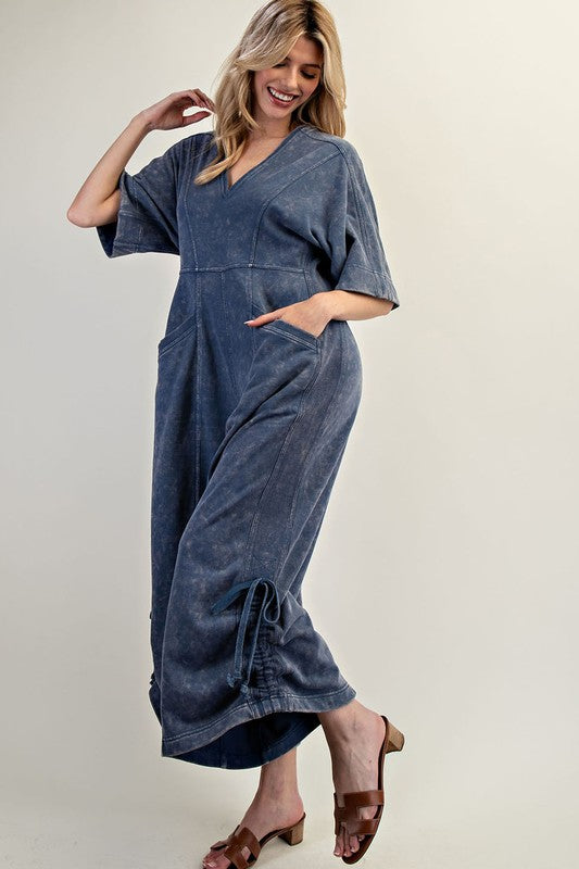 Mineral Washed V-Neck Jumpsuit Denim