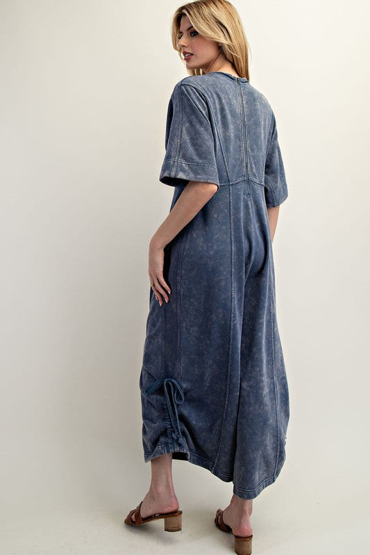 Mineral Washed V-Neck Jumpsuit Denim