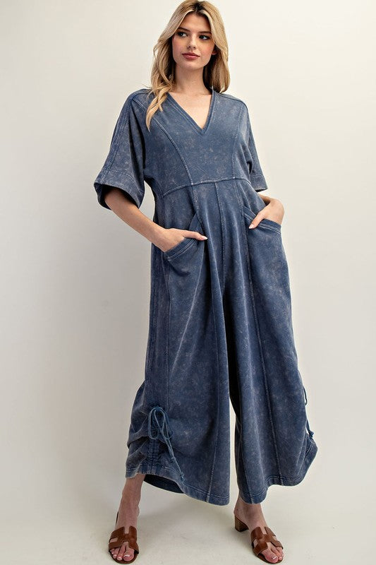 Mineral Washed V-Neck Jumpsuit Denim
