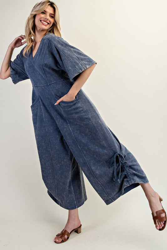Mineral Washed V-Neck Jumpsuit Denim