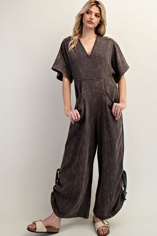 Mineral Washed V-Neck Jumpsuit Ash Black
