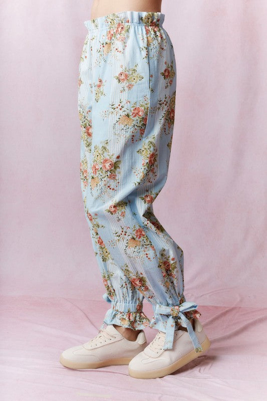 Floral Printed Ruffle Tie Detail Pants Lt Blue