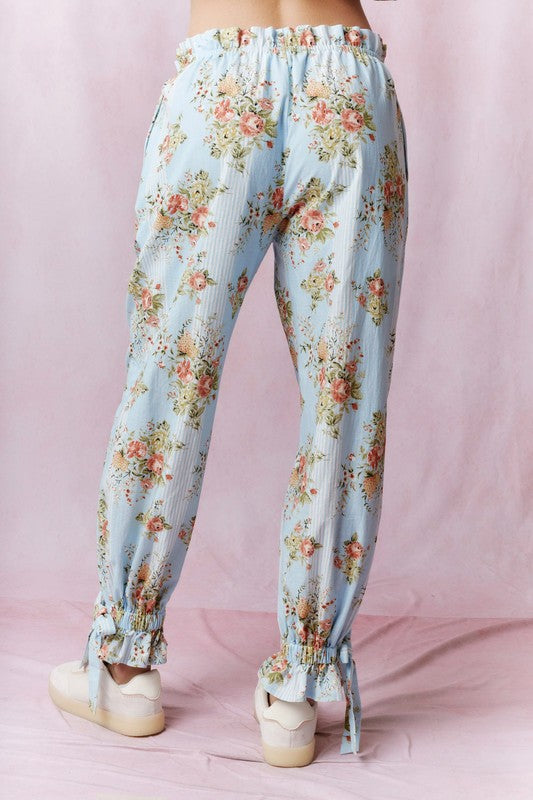 Floral Printed Ruffle Tie Detail Pants Lt Blue