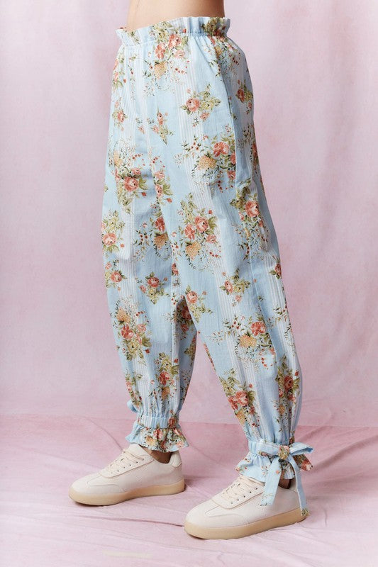 Floral Printed Ruffle Tie Detail Pants Lt Blue