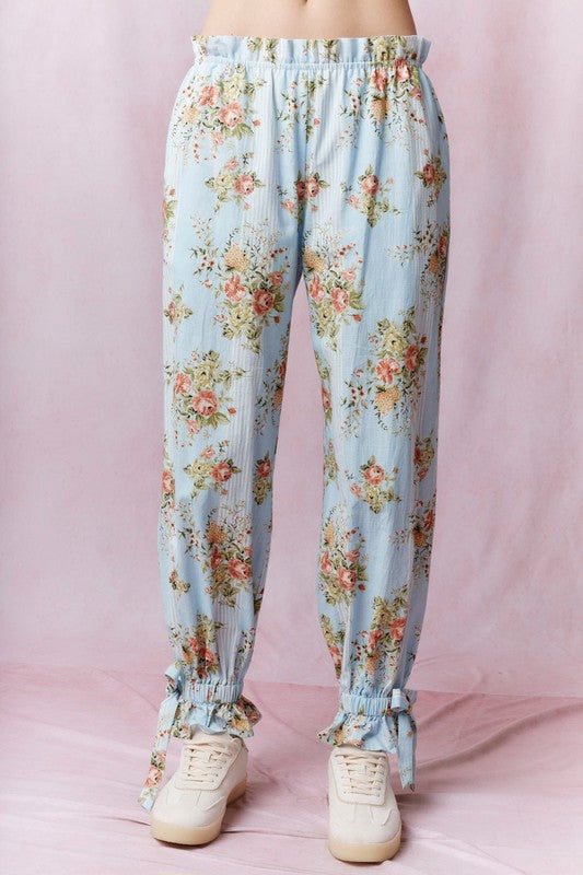 Floral Printed Ruffle Tie Detail Pants Lt Blue