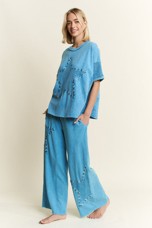 Mineral Washed Mesh Star Pants Ocean Blue