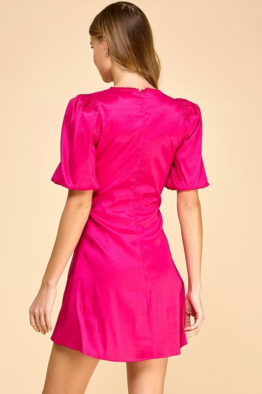 Faux Button Detail Short Puff Sleeves Dress Magenta