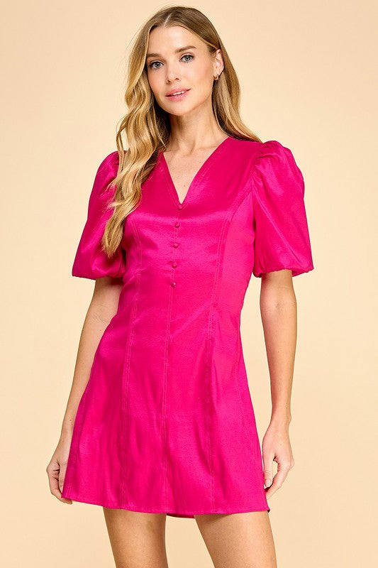 Faux Button Detail Short Puff Sleeves Dress Magenta