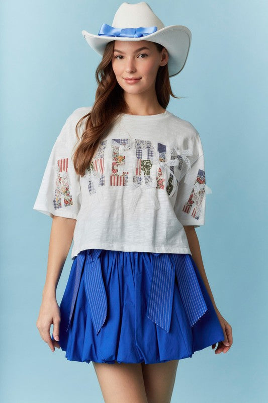 America Printed Lace Bow Top Off White