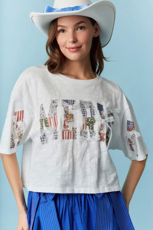 America Printed Lace Bow Top Off White