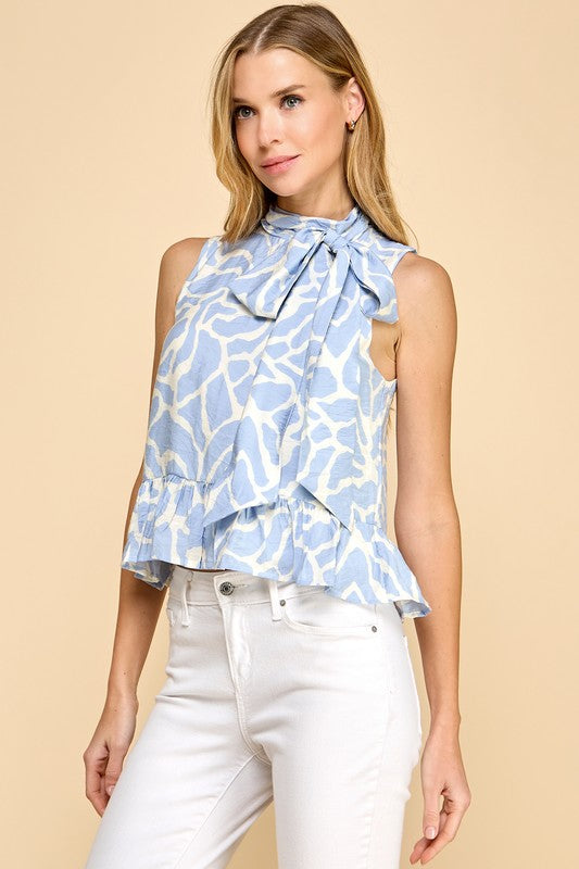 Animal Print Ribbon Tie Ruffle Hem Top Blue
