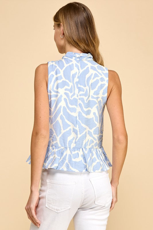 Animal Print Ribbon Tie Ruffle Hem Top Blue