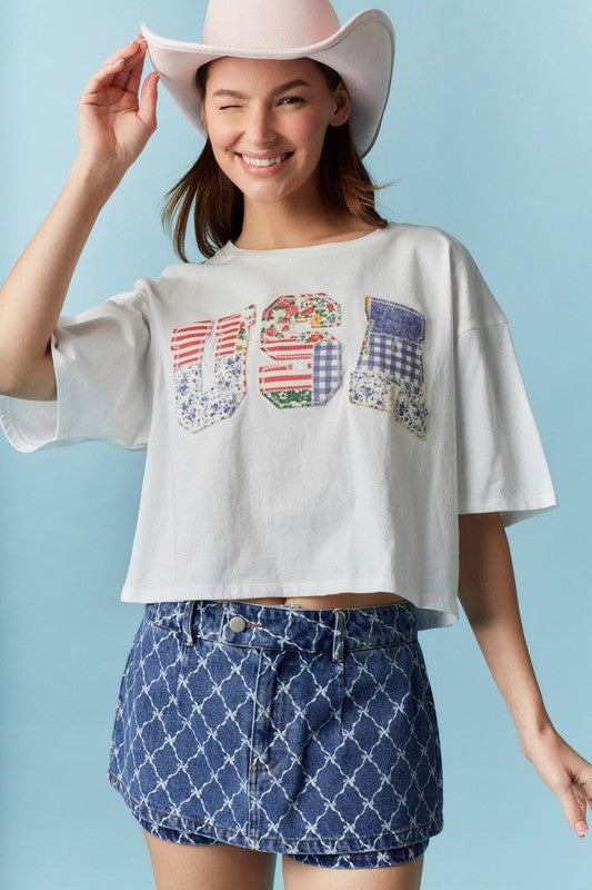 USA Patchwork Cotton Cropped Top Off White