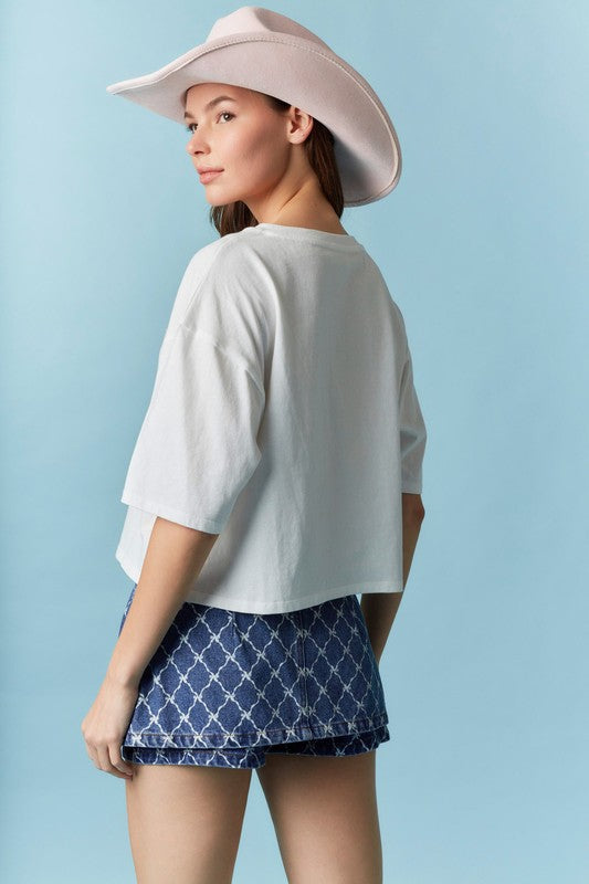 USA Patchwork Cotton Cropped Top Off White