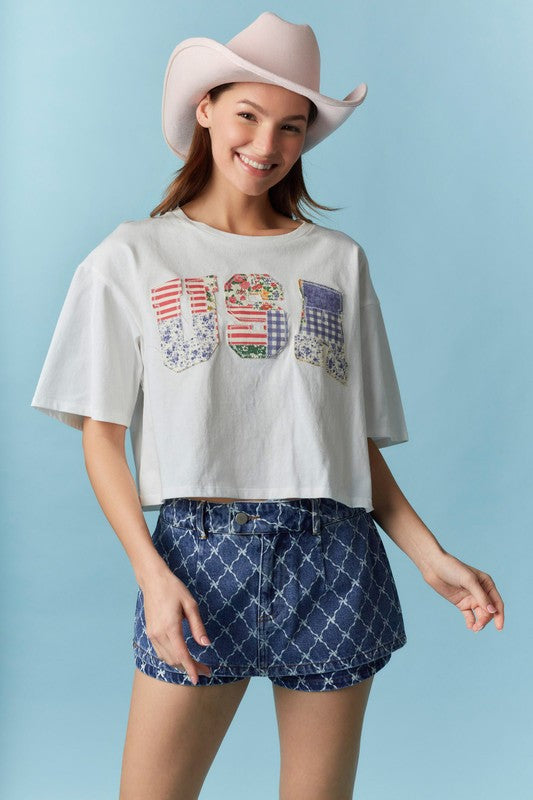 USA Patchwork Cotton Cropped Top Off White
