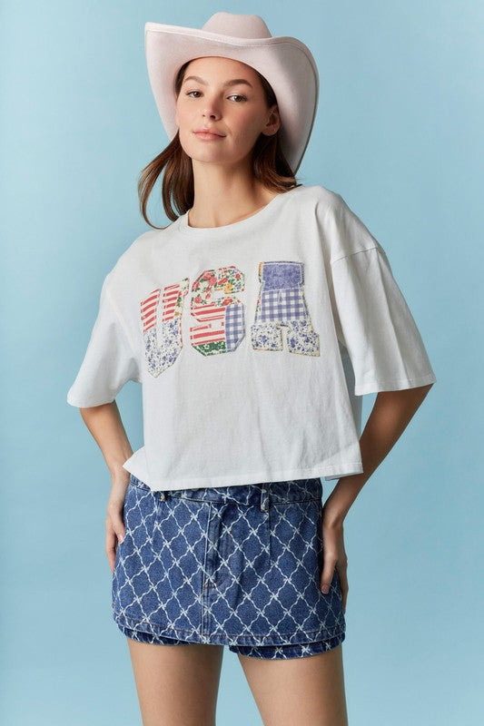 USA Patchwork Cotton Cropped Top Off White