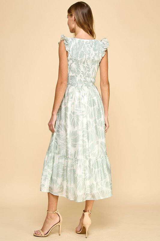 Faux Button Detail Short Puff Sleeves Dress Mint