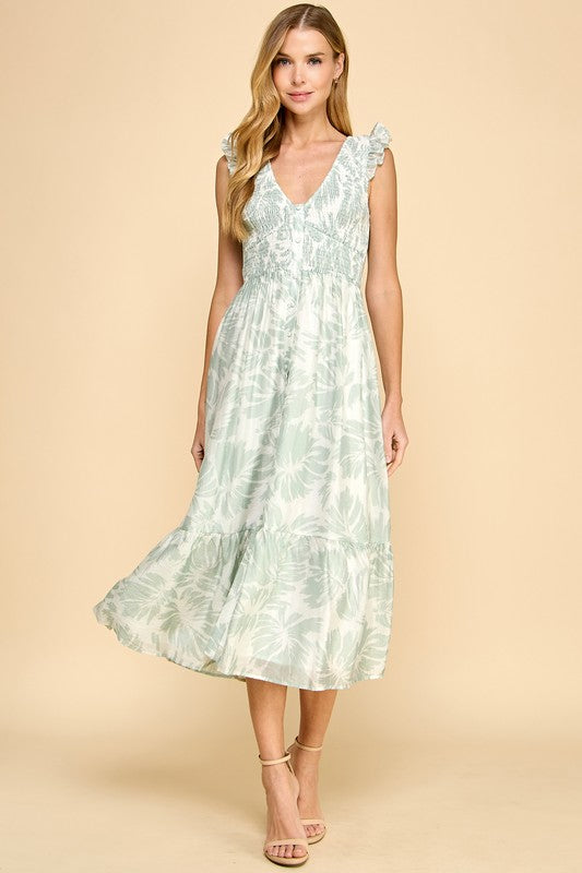 Faux Button Detail Short Puff Sleeves Dress Mint