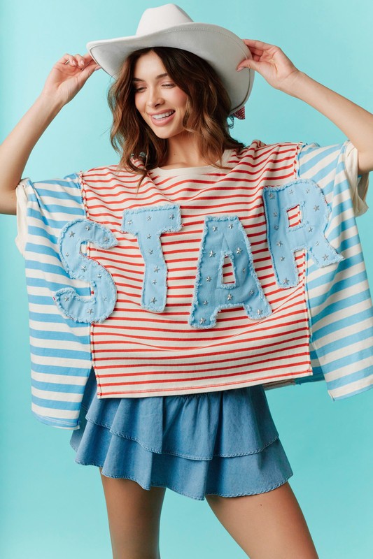 Star Patch Stripe Detail Oversized Top Red/Blue