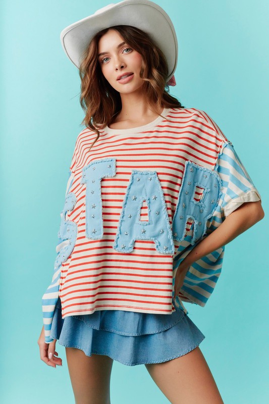 Star Patch Stripe Detail Oversized Top Red/Blue