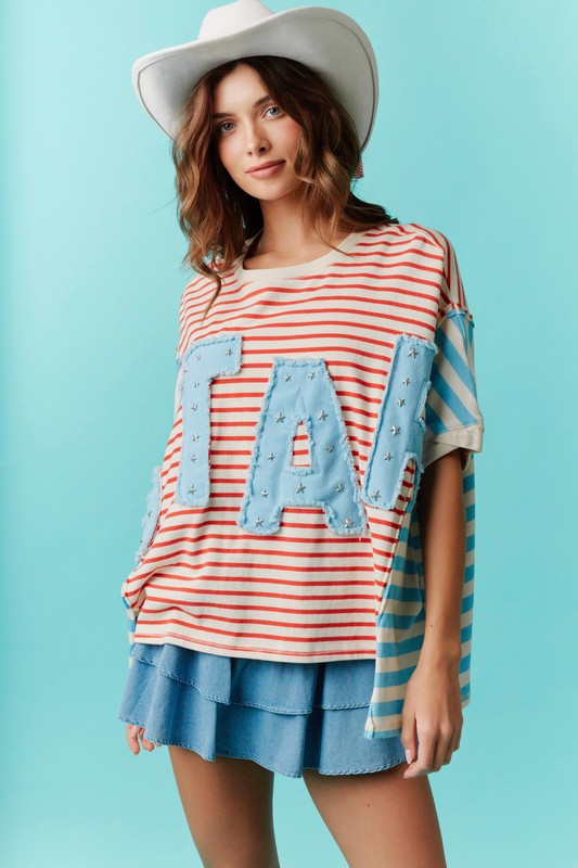 Star Patch Stripe Detail Oversized Top Red/Blue