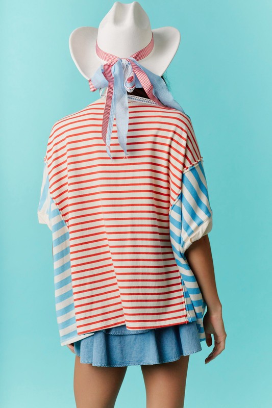 Star Patch Stripe Detail Oversized Top Red/Blue