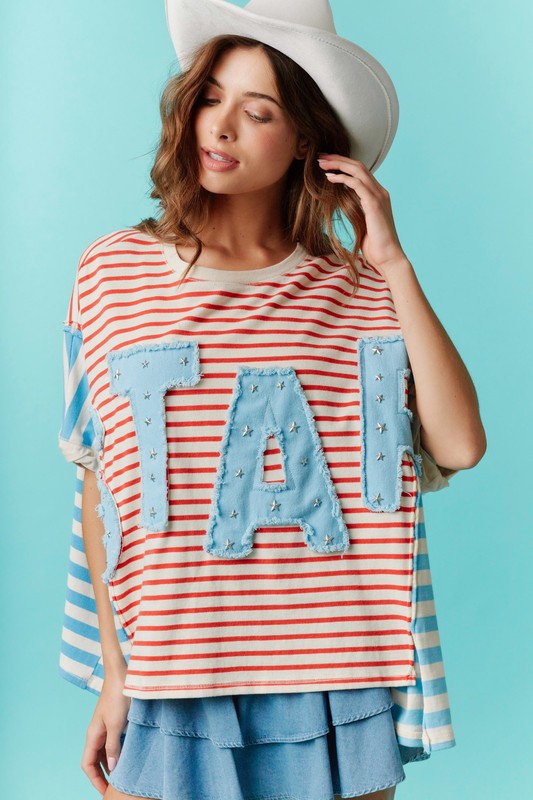 Star Patch Stripe Detail Oversized Top Red/Blue