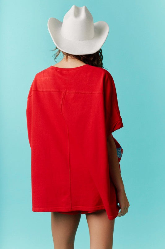 American Sequin Bow Embroidery Top Red