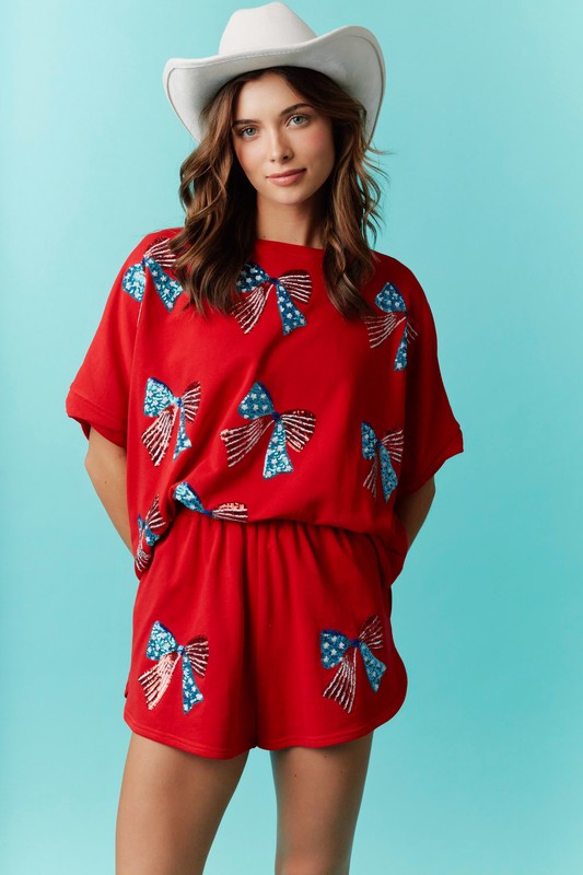 American Sequin Bow Embroidery Top Red