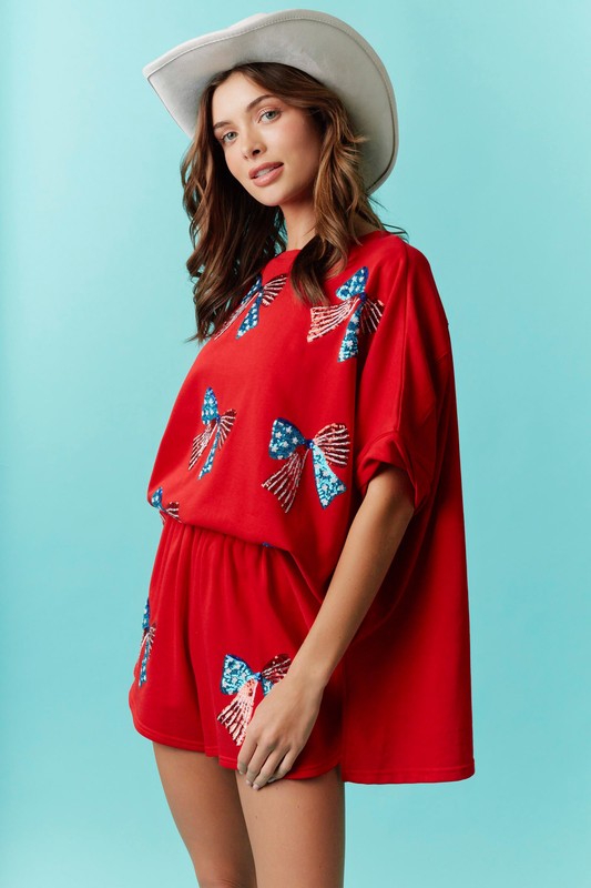 American Sequin Bow Embroidery Top Red