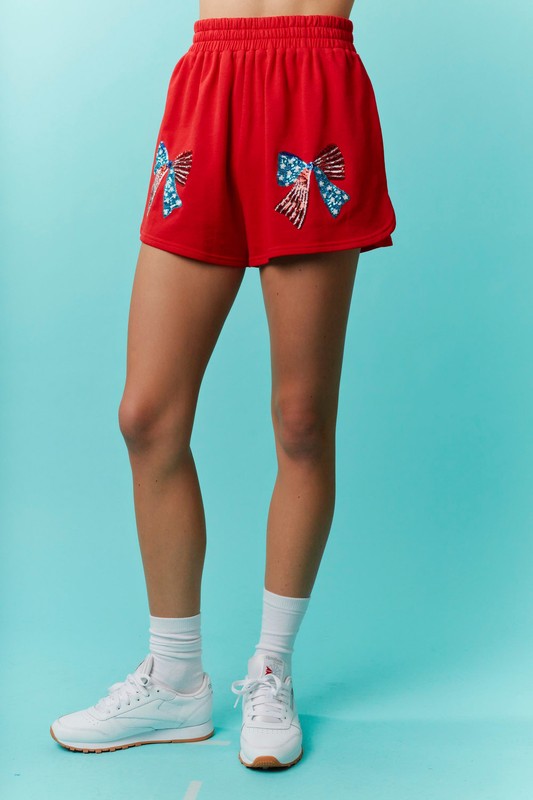 American Sequin Bow Embroidery Shorts Red