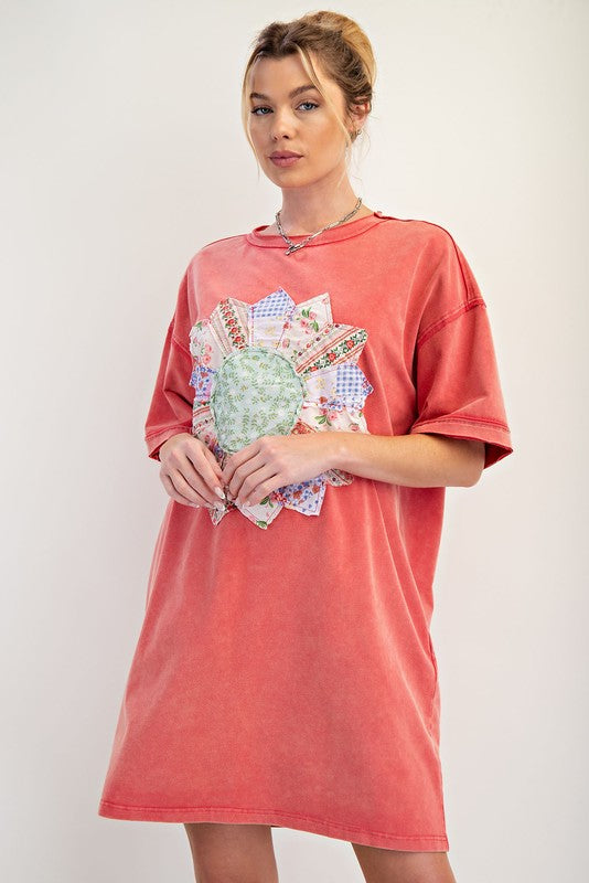 Boho Patch Mineral Washed T-Shirt Dress Red
