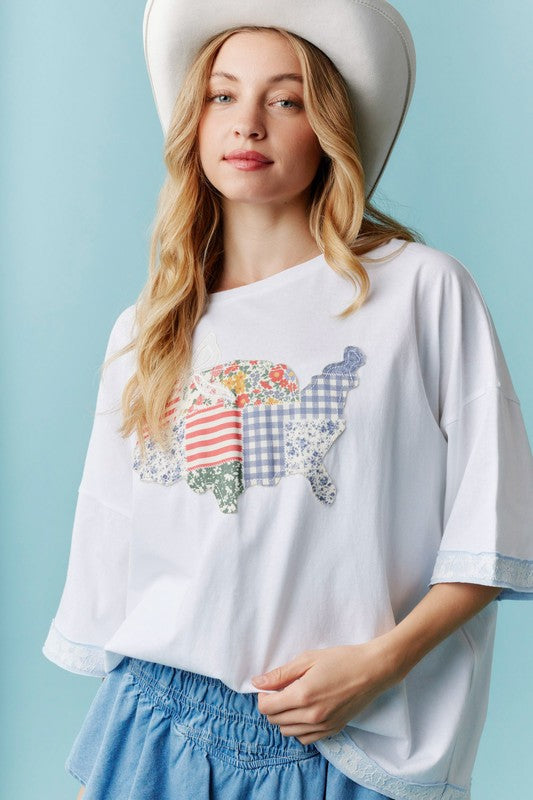 America Lace Laser Cut Detail Oversized Top