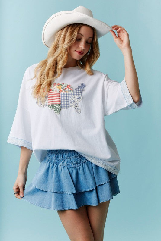 America Lace Laser Cut Detail Oversized Top