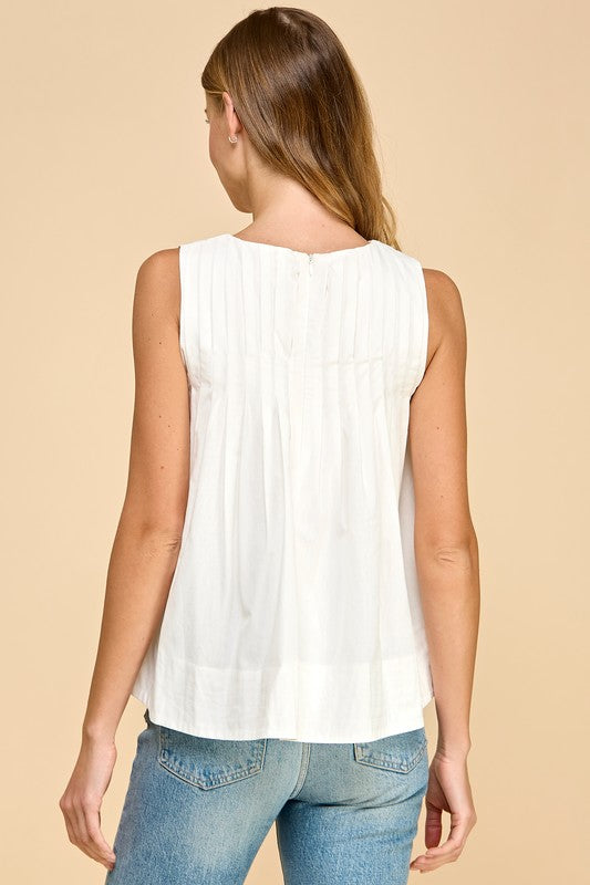 Pleated Detail High Low Sleeveless Top Off White