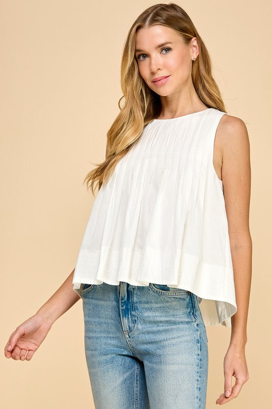 Pleated Detail High Low Sleeveless Top Off White