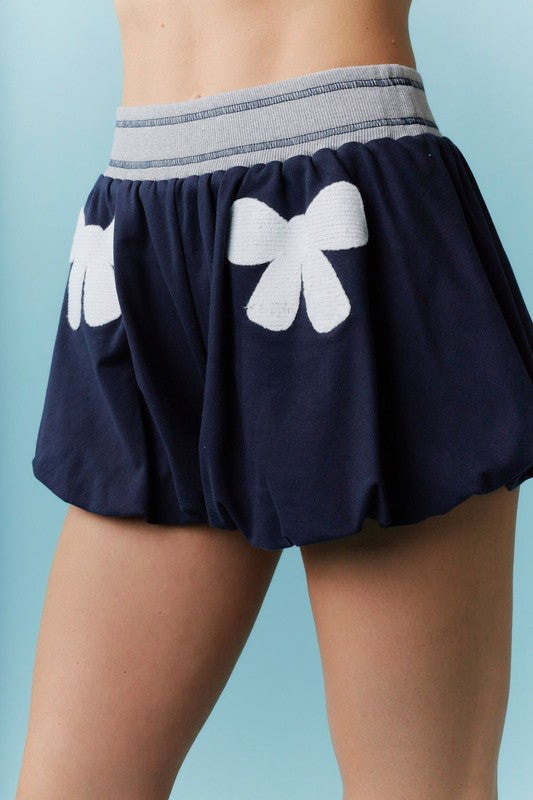 Bow Contrast Waist Bubble French Terry Shorts Navy
