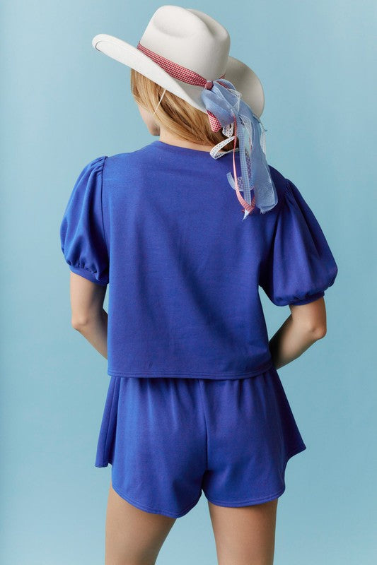 Embroidery Detail Terry Puff Sleeve Top Royal