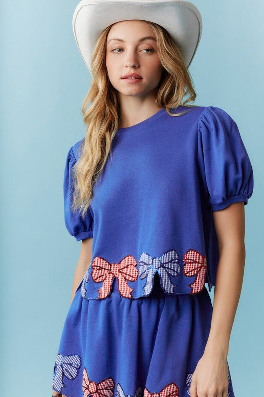 Embroidery Detail Terry Puff Sleeve Top Royal