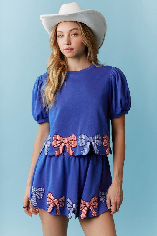 Embroidery Detail Terry Puff Sleeve Top Royal