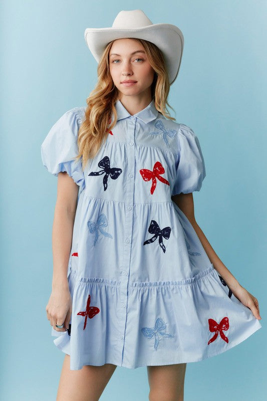 Lace Laser Cut Bow Embroidery Mini Dress Blue
