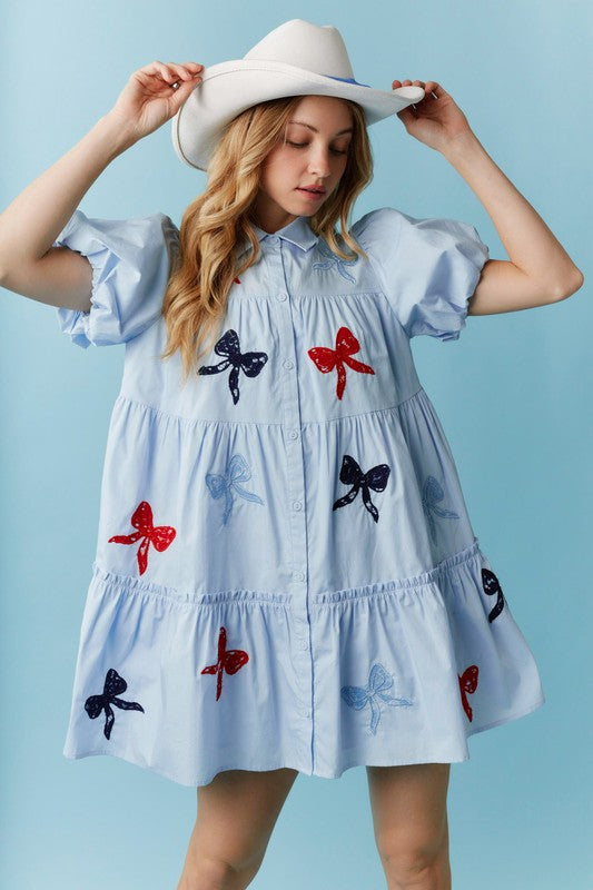 Lace Laser Cut Bow Embroidery Mini Dress Blue